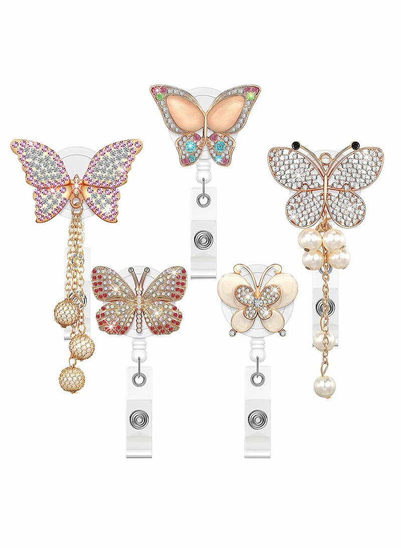 Y&D Rhinestone Retractable Badge Holder Reel, Cute Animals Handmade Bling ID Holders with Clip, Name Card for Volunteer Nurses Doctors Teachers, 5 Pieces (Butterfly Style) - Image 1