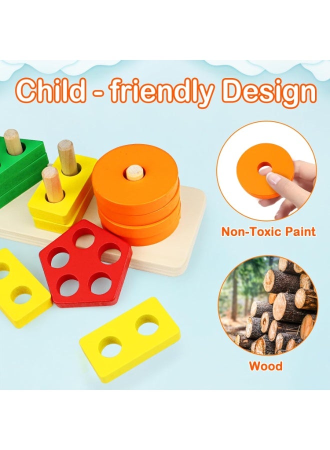 Montessori Toys for 1 to 3-Year-Old Boys Girls Toddlers, Wooden Sorting & Stacking Toys for Toddlers and Kids Preschool, Educational Toys, Color Recognition Shape Sorter, Learning Puzzles Gift - Image 2