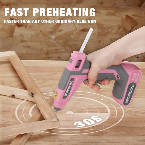 WORKPRO Pink Cordless Hot Melt Glue Gun, 7.2V Rechargeable Fast Preheating Glue Gun Kit with 20 Pc Premium Mini Glue Stick, Automatic-Power-Off Hot Glue Gun for Art, Craft, Decoration - Pink Ribbon - Image 3