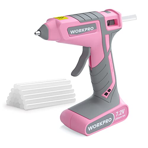 WORKPRO Pink Cordless Hot Melt Glue Gun, 7.2V Rechargeable Fast Preheating Glue Gun Kit with 20 Pc Premium Mini Glue Stick, Automatic-Power-Off Hot Glue Gun for Art, Craft, Decoration - Pink Ribbon - Image 1