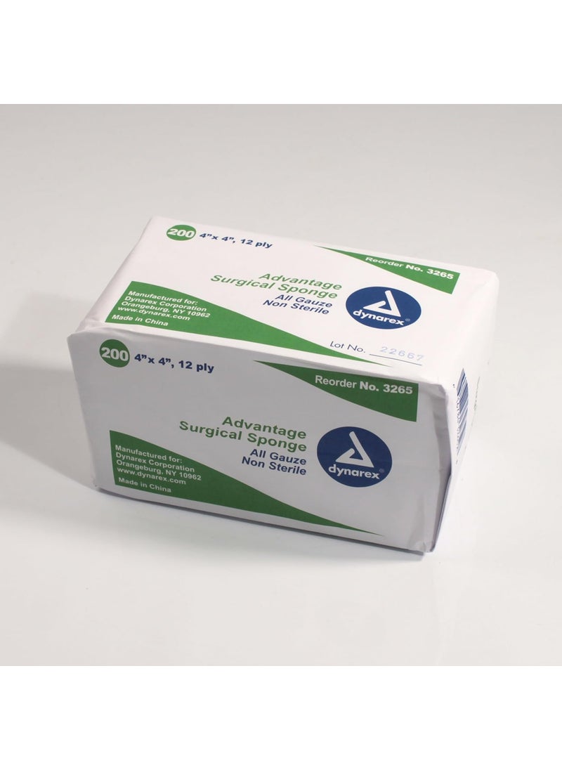 Dynarex Dynarex Advantage Woven Gauze Sponges 4" x 4" - Non-Sterile 12-Ply Absorbent Cotton Gauze Pads for Wound Dressing - 200-Count Box, 10 Boxes per Bulk Case 