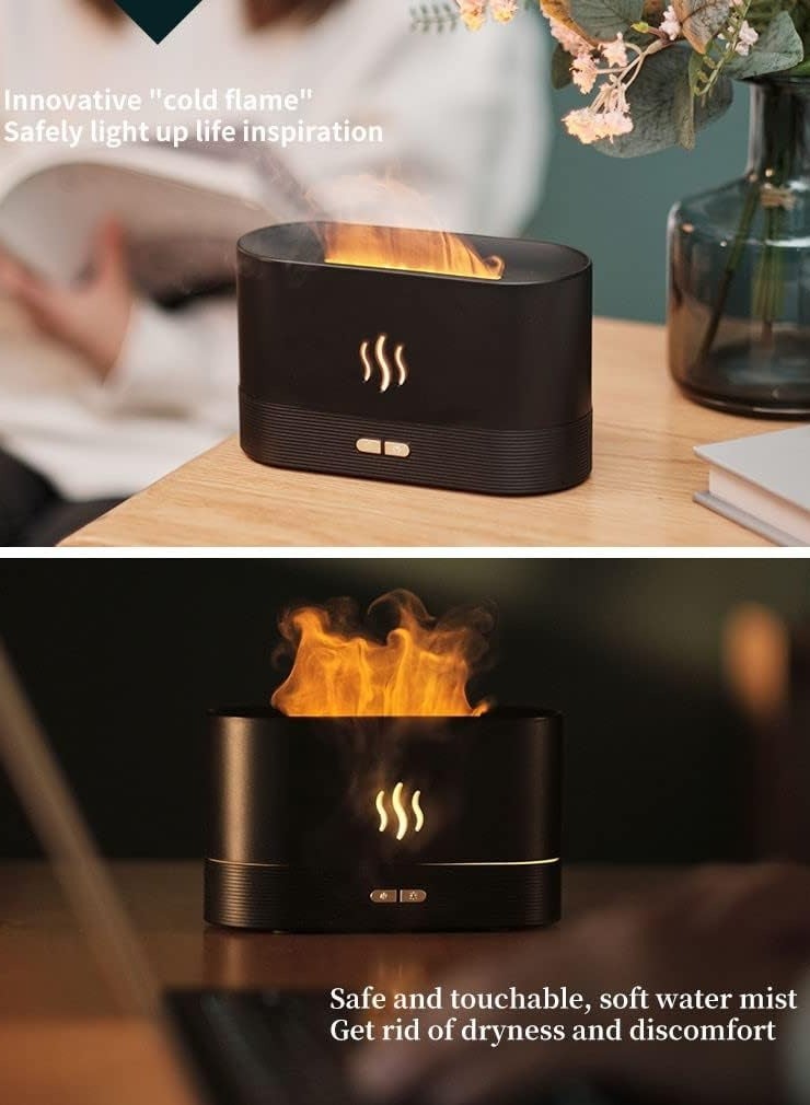 موزع هواء بتاثير اللهب سعة 180 مل، مرطب الزيوت للعلاج بالروائح العطرية، مرطب هواء محمول فائق الهدوء باغلاق تلقائي عند نفاذ الماء لليوجا وغرفة النوم وغرفة المعيشة والمكتب (لون اسود) - Image 2