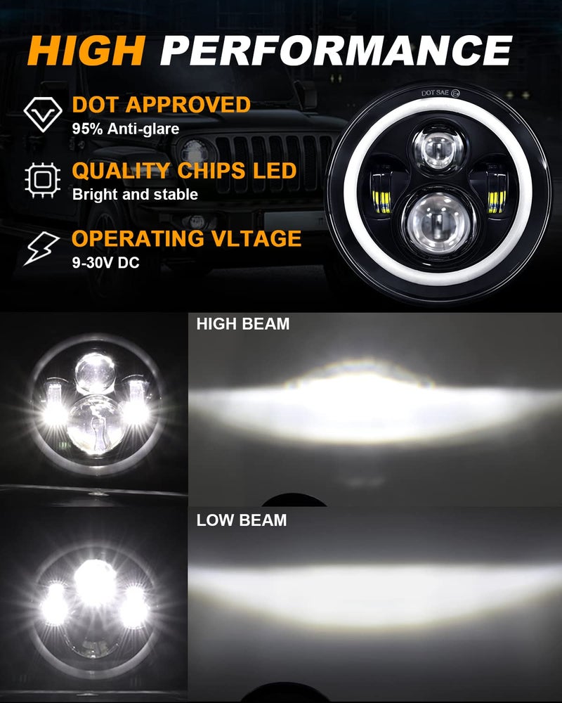 MGLLIGHT 7 Inch LED Headlights Round Halo Angel Eyes DRL Amber Turn Signal Lights H6024 LED Headlights Replace High/Low Sealed Beam Fits Wrangler JK TJ LJ CJ with H4 H13 Adapter, 2PCS - Image 4