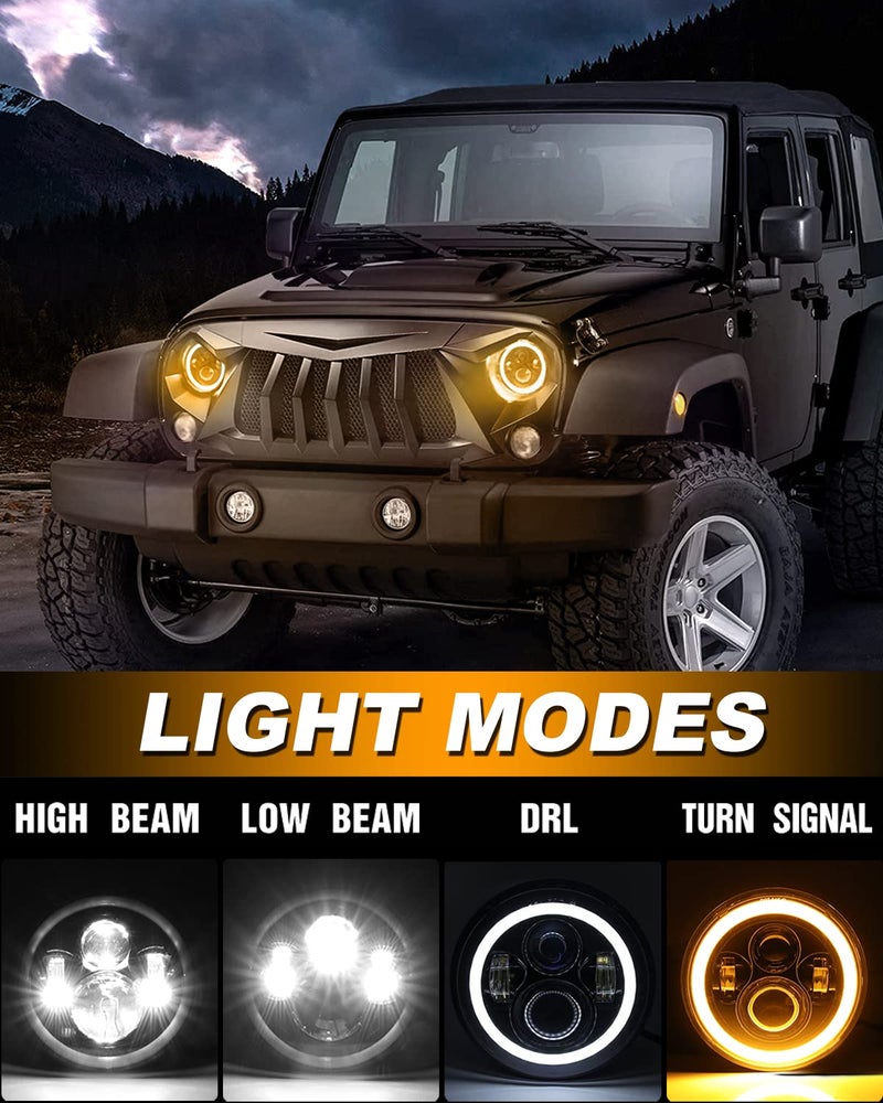 MGLLIGHT 7 Inch LED Headlights Round Halo Angel Eyes DRL Amber Turn Signal Lights H6024 LED Headlights Replace High/Low Sealed Beam Fits Wrangler JK TJ LJ CJ with H4 H13 Adapter, 2PCS - Image 2