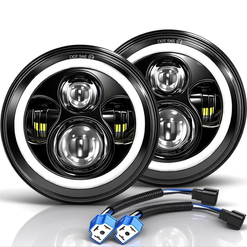MGLLIGHT 7 Inch LED Headlights Round Halo Angel Eyes DRL Amber Turn Signal Lights H6024 LED Headlights Replace High/Low Sealed Beam Fits Wrangler JK TJ LJ CJ with H4 H13 Adapter, 2PCS - Image 1