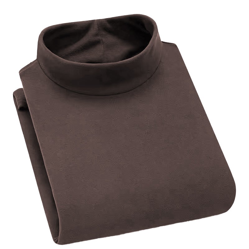 Mens Autumn and Winter Couples Fleece Semi-high Collar Solid Color Base Shirt Long-sleeved T-shirt Casual All-match Warm Round Neck Sweater Dark brown - Image 5