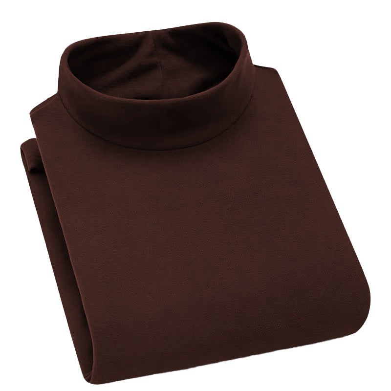 Mens Autumn and Winter Couples Fleece Semi-high Collar Solid Color Base Shirt Long-sleeved T-shirt Casual All-match Warm Round Neck Sweater Dark brown - Image 1