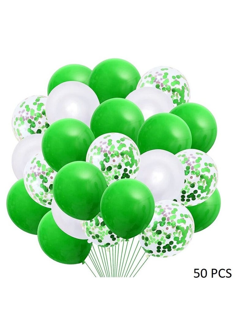 50 PCS Of White And Green Latex With Confetti Balloons