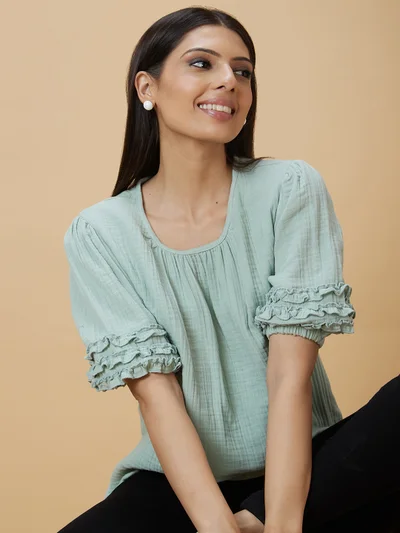 جلو باص Women Gathered Or Pleated Puff Sleeve Cotton Top