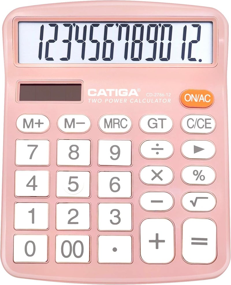 CATIGA 12 Digits Desktop Calculator with Large LCD Display and Sensitive Button, Dual Solar Power and Battery, Standard Function for Office, Home, School, CD-2786(Light Pink) - Image 1