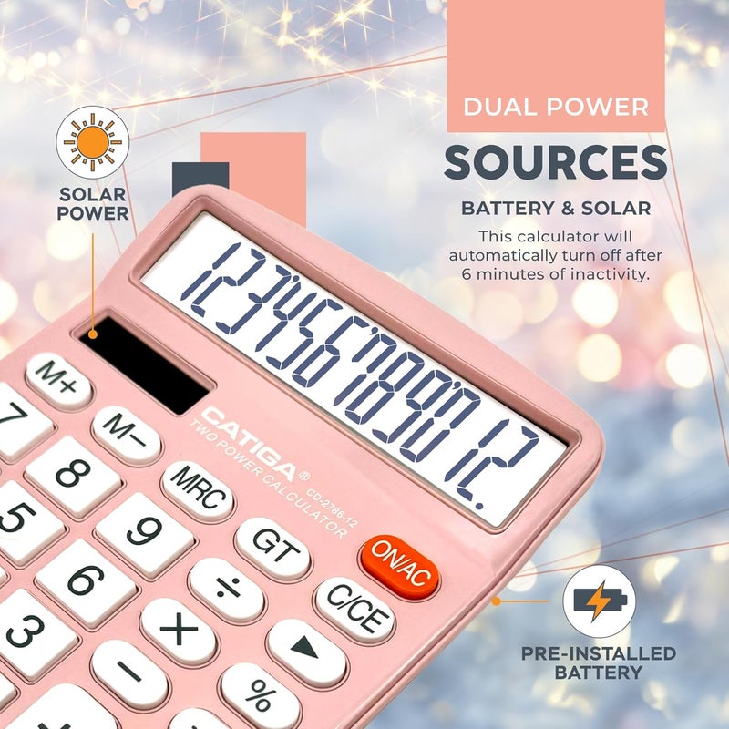 CATIGA 12 Digits Desktop Calculator with Large LCD Display and Sensitive Button, Dual Solar Power and Battery, Standard Function for Office, Home, School, CD-2786(Light Pink) - Image 5