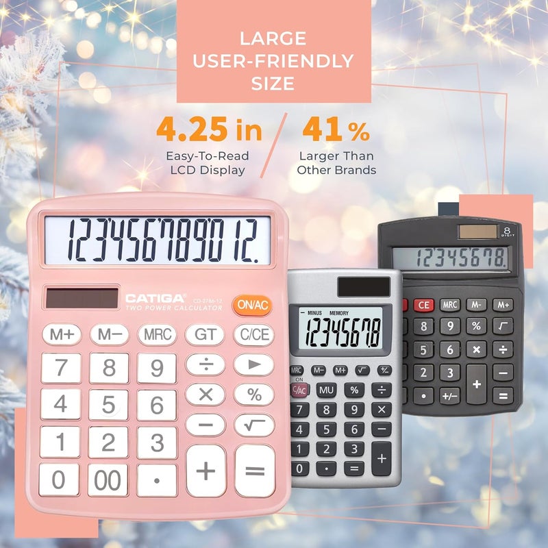CATIGA 12 Digits Desktop Calculator with Large LCD Display and Sensitive Button, Dual Solar Power and Battery, Standard Function for Office, Home, School, CD-2786(Light Pink) - Image 3