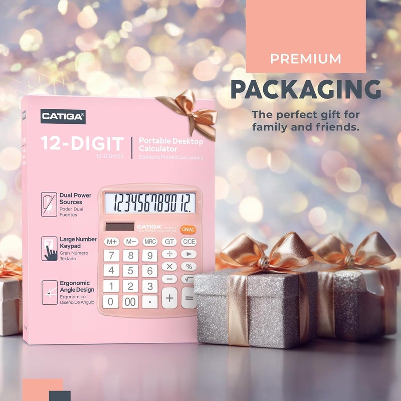 CATIGA 12 Digits Desktop Calculator with Large LCD Display and Sensitive Button, Dual Solar Power and Battery, Standard Function for Office, Home, School, CD-2786(Light Pink) - Image 2