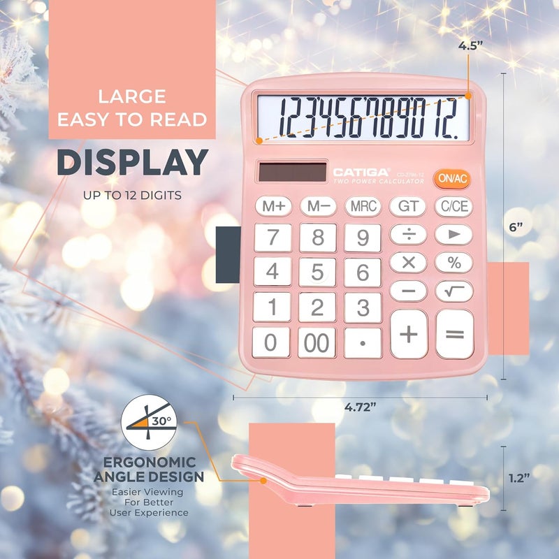 CATIGA 12 Digits Desktop Calculator with Large LCD Display and Sensitive Button, Dual Solar Power and Battery, Standard Function for Office, Home, School, CD-2786(Light Pink) - Image 4