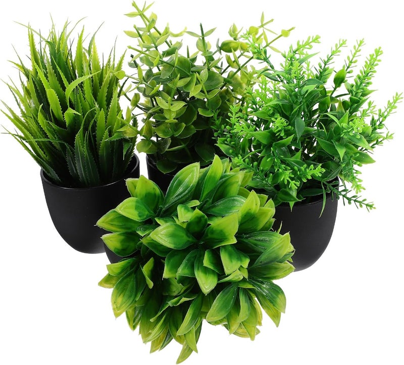Yardwe 4pcs Artificial Plants Set Small Fake Bonsai Eucalyptus, Gloriosa Leaves, Aloe Grass, Foxtail Grass Realistic Greenery for Home Office Indoor Décor - Image 1