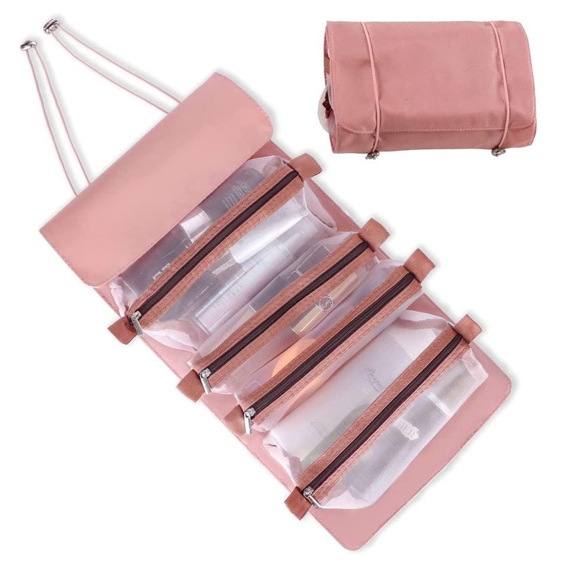 Stadash 4 in 1 Waterproof Makeup Organizer Detachable Hanging Cosmetic Storage Bag with Removable Mesh Pouches for Travel Toiletries Beauty Tools for Everyone Pink - Image 1
