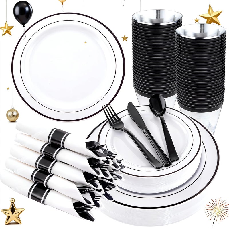 210Pcs Black Plastic Dinnerware with Pre Rolled Napkins Include30 Dinner Plates 30 Dessert Plates 30 Paper Napkins 30 Cups 90 Plastic Cutlery