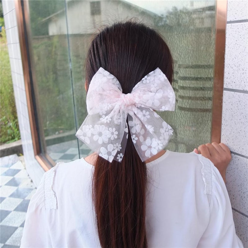 Sugarmelon Large Tulle Bows Hair Clips for Baby Girls - Lace, Cottagecore, Lightweight Gauze Barrettes Accessories (Pink Floral and White) - Image 4