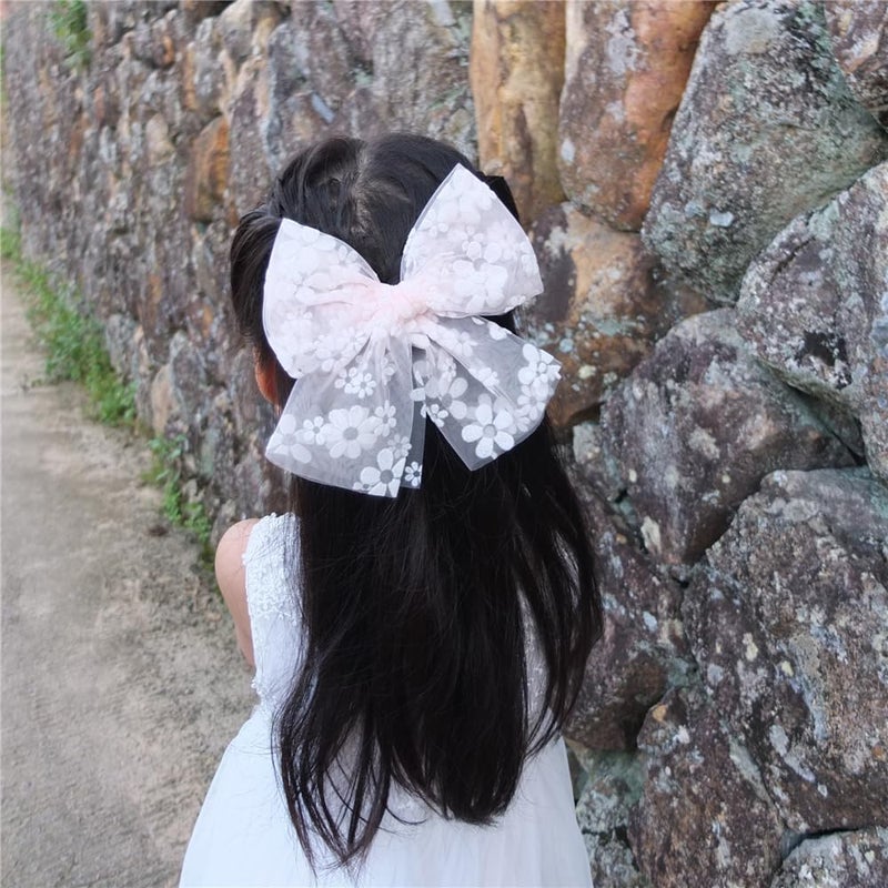 Sugarmelon Large Tulle Bows Hair Clips for Baby Girls - Lace, Cottagecore, Lightweight Gauze Barrettes Accessories (Pink Floral and White) - Image 2