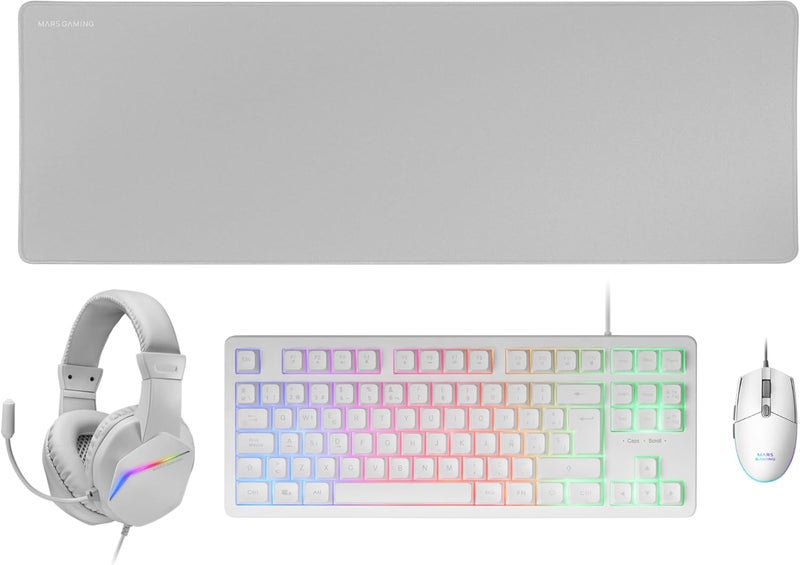 MARS GAMING MARSGAMING MCP-RGB3 Pack Gaming Keyboard Fixed RGB + Gaming Mouse RGB Flow 3200 DPI + Headset Over-Ear RGB + XXL Mousepad, White, French Language - Image 1