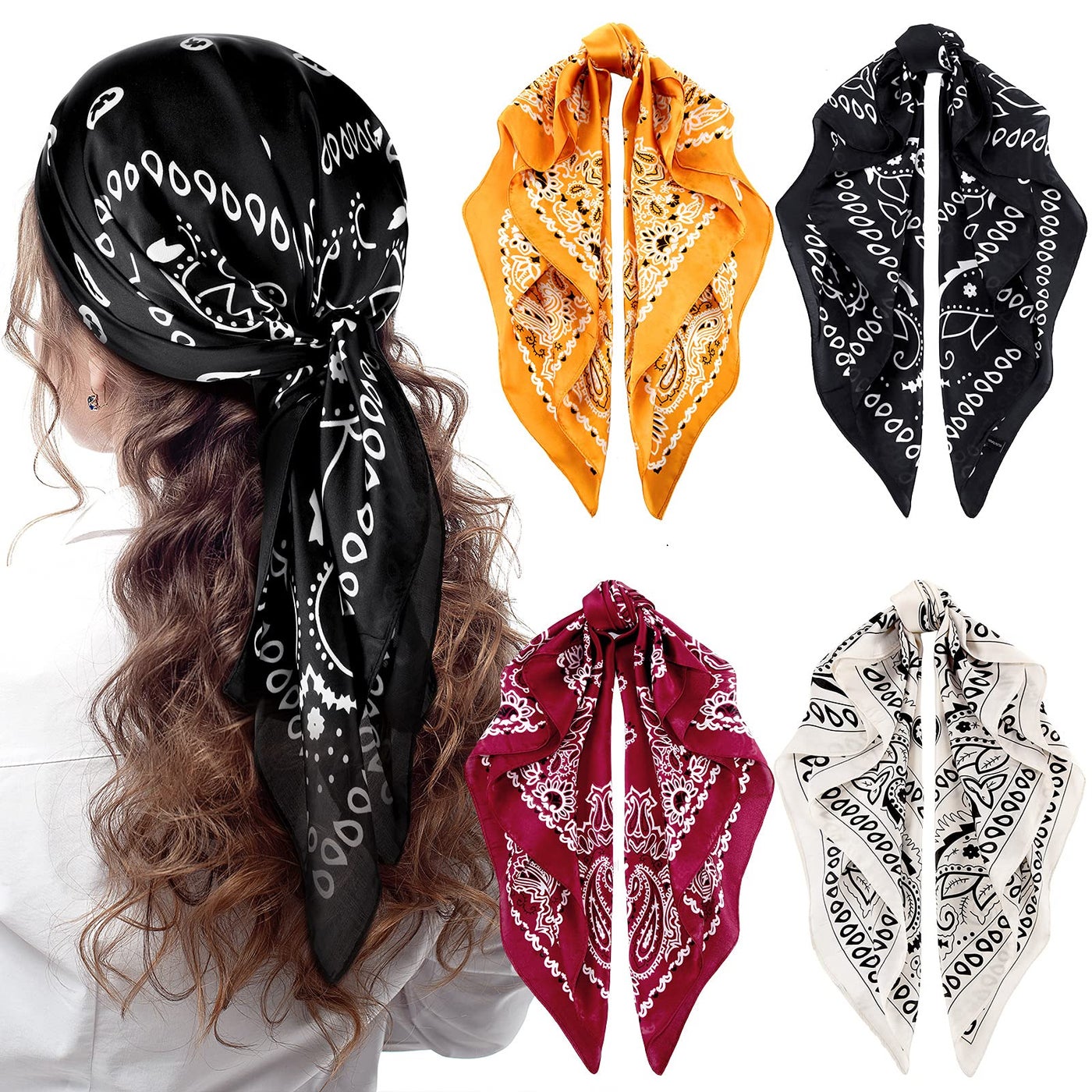 Syhood 4 Pcs 27'' Square Satin Head Scarves Satin Bandanas for Women Headband Scarves Silk Feeling Scarf Boho Headwear(Black, Wine, Yellow, Beige)