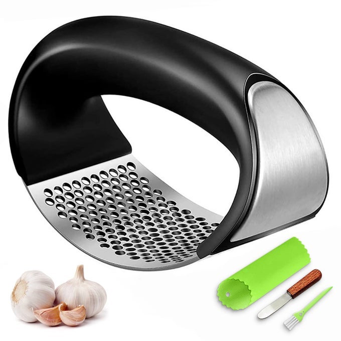 GARLIC PRESS ROCKER STAINLESS STEEL GARLIC MINCER CRUSHER PROFESSIONAL KITCHEN GADGETS GARLIC CHOPPER WITH ERGONOMIC HANDLE SILICONE GARLIC PEELER