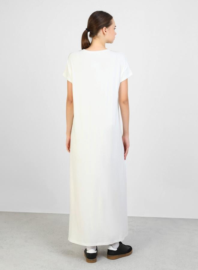 Benin by modanisa Off White Solid Crew Neck Maxi Dress - Image 4