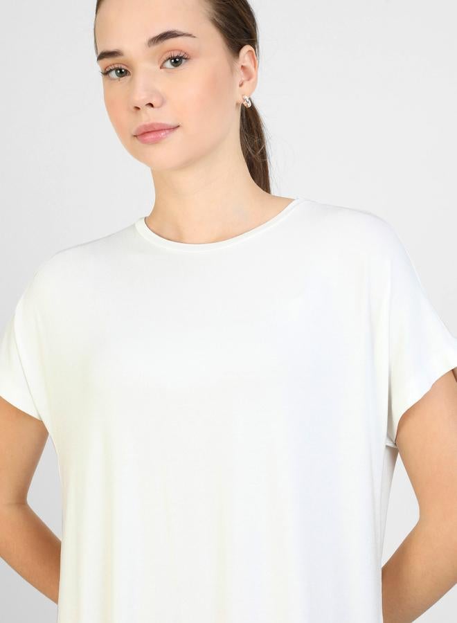 Benin by modanisa Off White Solid Crew Neck Maxi Dress - Image 2