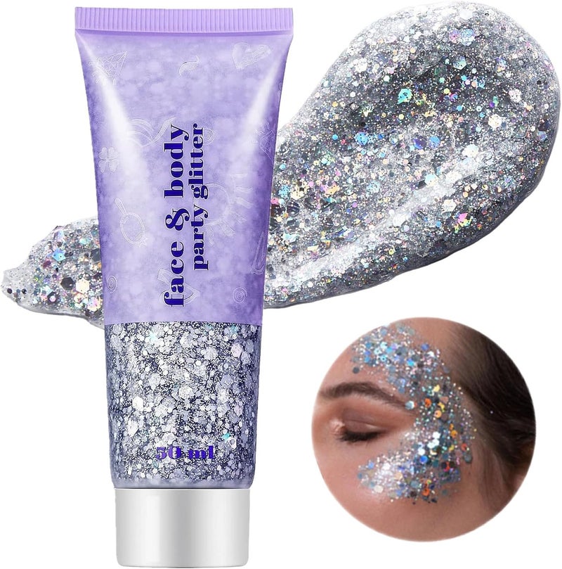Go Ho Silver Face Glitter GelSinger Concerts BodyHair Glitter MakeupHolographic Long Lasting Chunky Sequins Glitters for Eye Lip Hair NailsFestival Rave Accessories05 Silver Glitter 52g