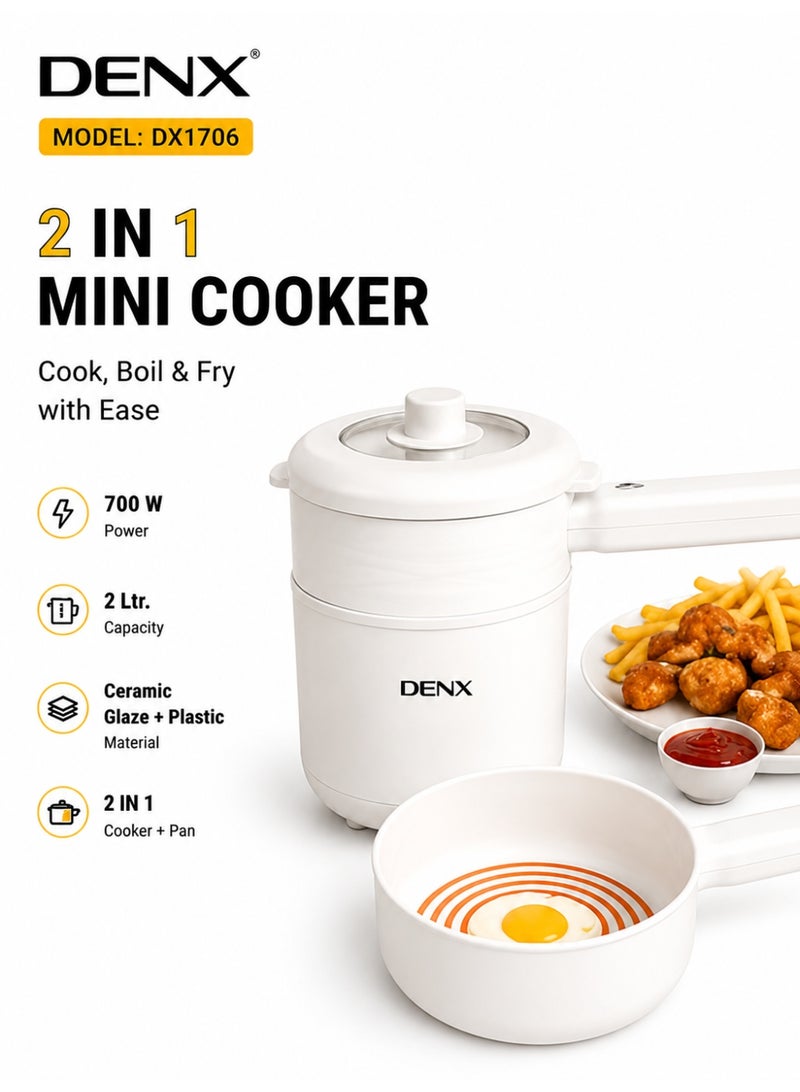 Denx طباخ ميني DENX 2 في 1 – طباخ كهربائي 700 واط ومقلاة بسعة 2 لتر للطهي - Image 1