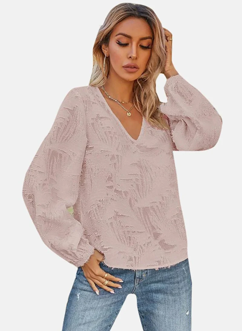 يونيكي Pink Textured Long Sleeve V Neck Tunics