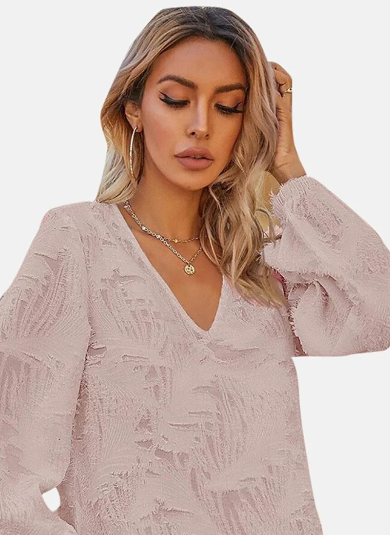 يونيكي Pink Textured Long Sleeve V Neck Tunics