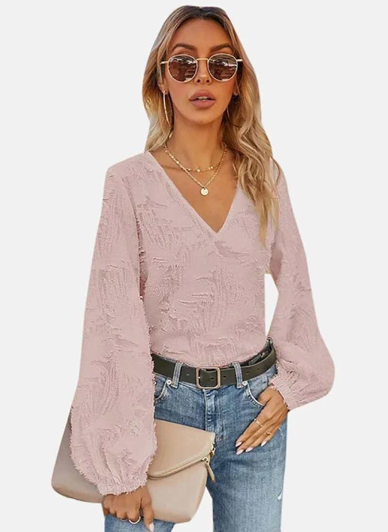 يونيكي Pink Textured Long Sleeve V Neck Tunics