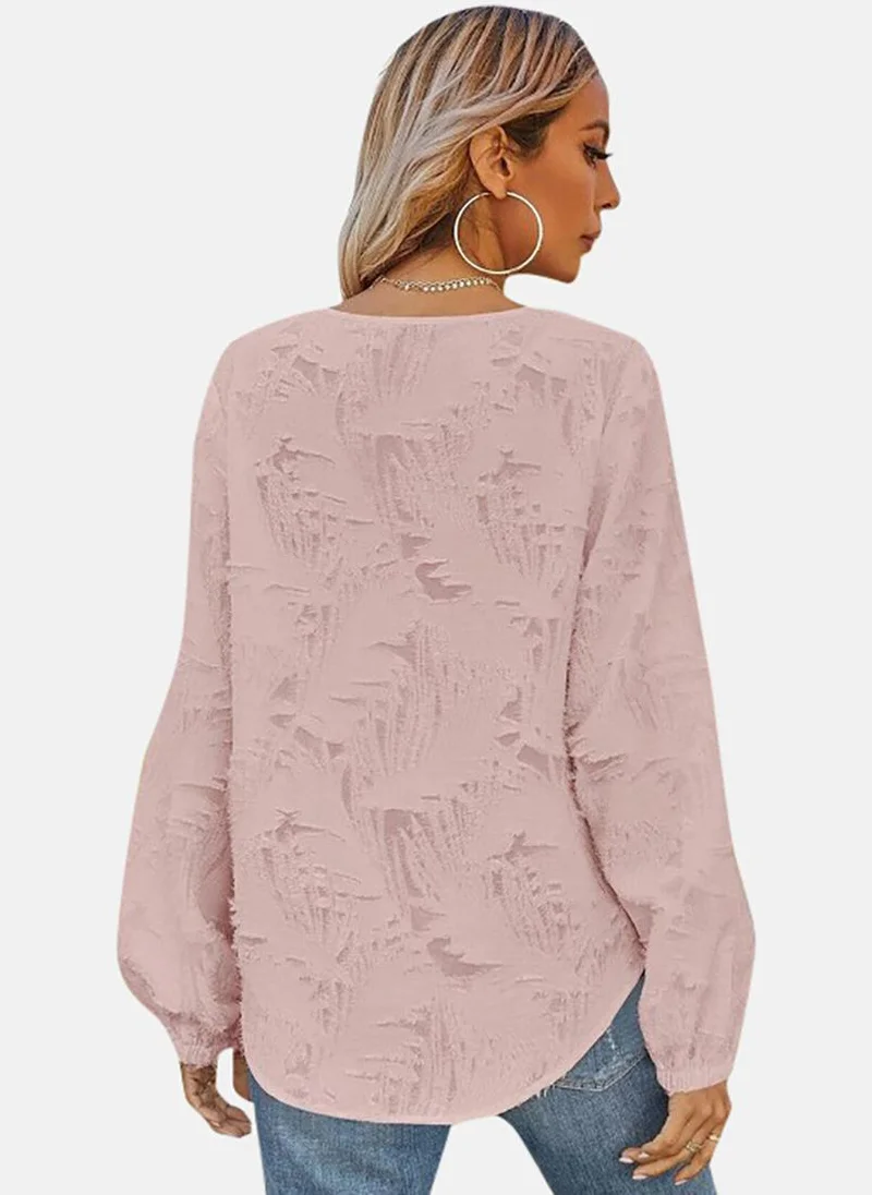 يونيكي Pink Textured Long Sleeve V Neck Tunics