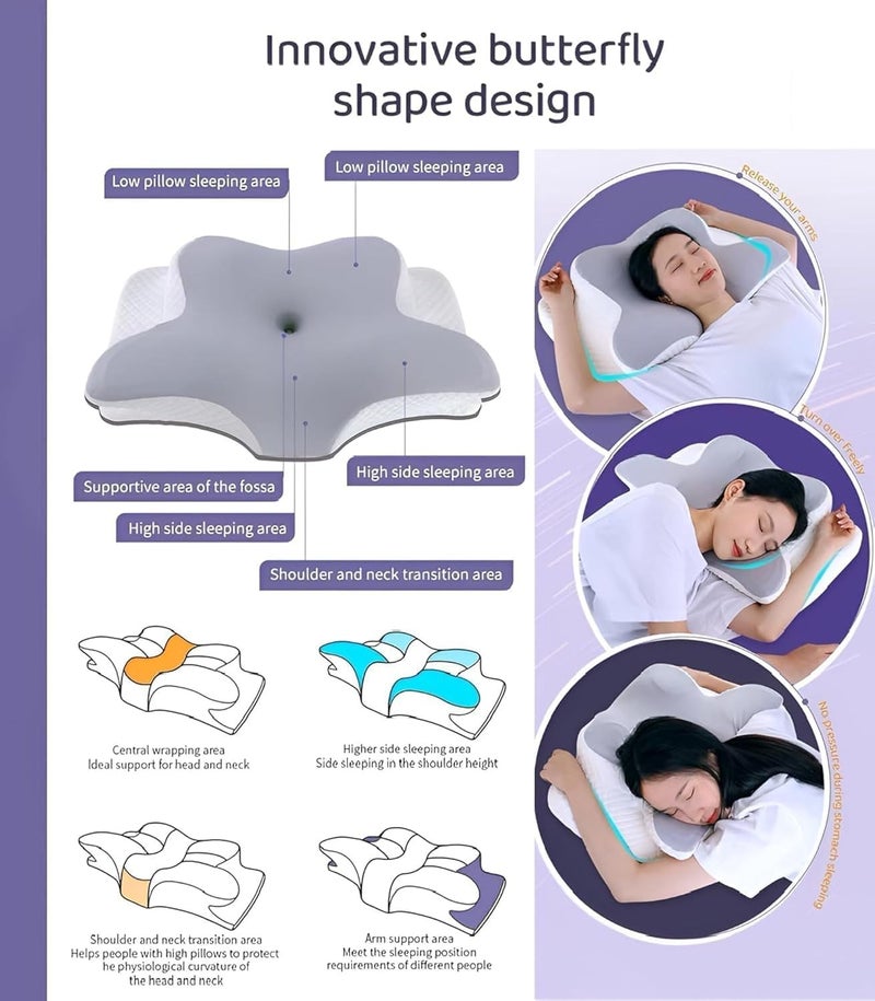 Harmony Homes Essentials 360° Butterfly Memory Foam Cervical Pillow | Orthopedic Neck & Shoulder Support | Pain Relief for Side & Back Sleepers | Ergonomic Dual-Height | Cooling Washable Cover - Image 5