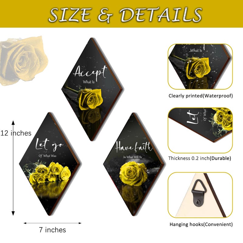 ZINYAZHE 3 Pcs Yellow Rose Bathroom Wall Decor Flower Yellow Decor Inspirational Wooden Wall Art Office Wall Decor with Accept Let Go Have Faith Sign for Girl Women Bathroom Living Room Bedroom(yellow 12 x 7") - Image 4