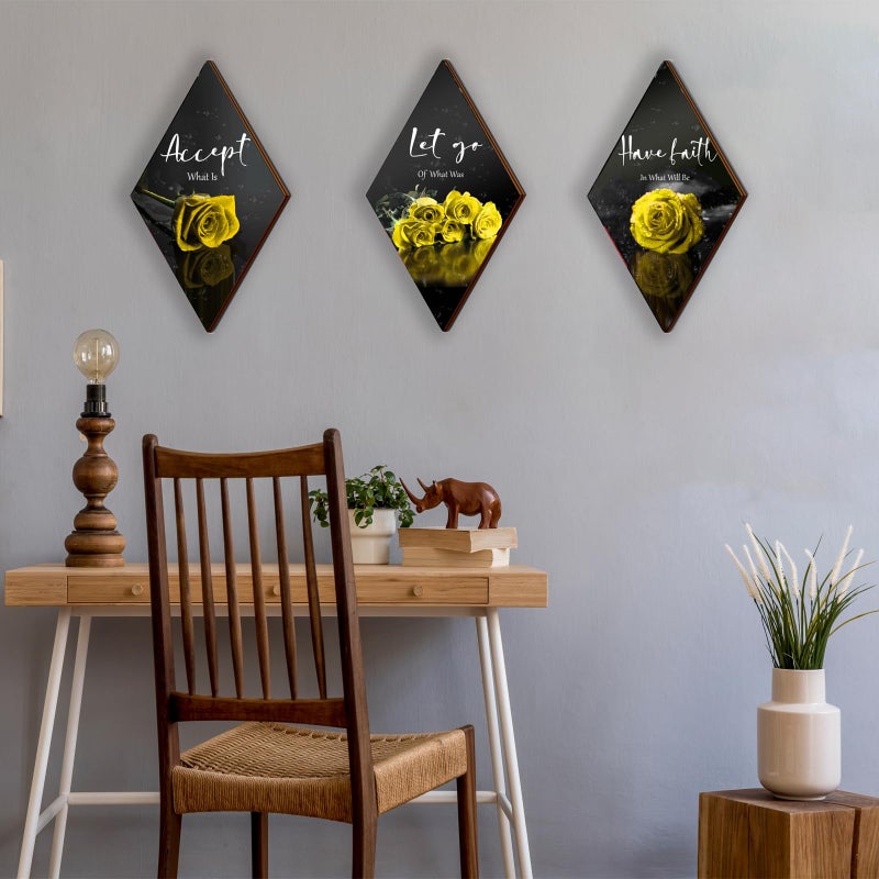 ZINYAZHE 3 Pcs Yellow Rose Bathroom Wall Decor Flower Yellow Decor Inspirational Wooden Wall Art Office Wall Decor with Accept Let Go Have Faith Sign for Girl Women Bathroom Living Room Bedroom(yellow 12 x 7") - Image 2