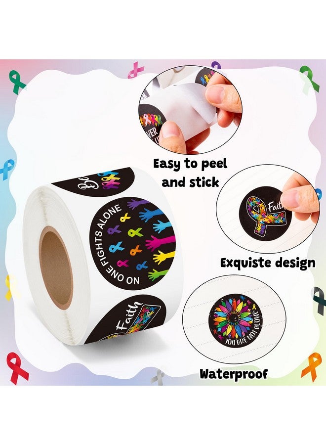 BeYumi Cancer Awareness Roll Stickers - 1000Pcs Cancer Awareness Stickers In 2 Rolls Waterproof Vinyl Colorful Ribbon Round Cancer Decals Laptop Bottle Notebook Luggage Gift Oncology Nurse Women Decor - Image 3