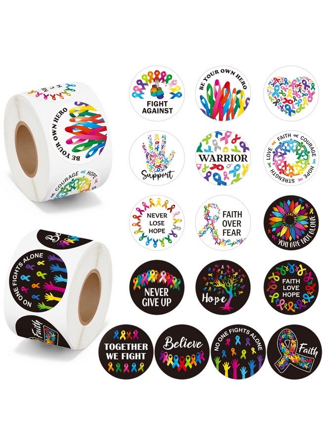 BeYumi Cancer Awareness Roll Stickers - 1000Pcs Cancer Awareness Stickers In 2 Rolls Waterproof Vinyl Colorful Ribbon Round Cancer Decals Laptop Bottle Notebook Luggage Gift Oncology Nurse Women Decor - Image 1