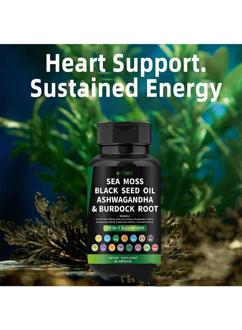 BIYODE 60pcs Sea Moss Capsules，Made with Organic Raw Powder，Plus Bladder wrack & Burdock Root，Sea Vegetable Complex ，Multimineral And Multivitamin Supplements  - Image 2