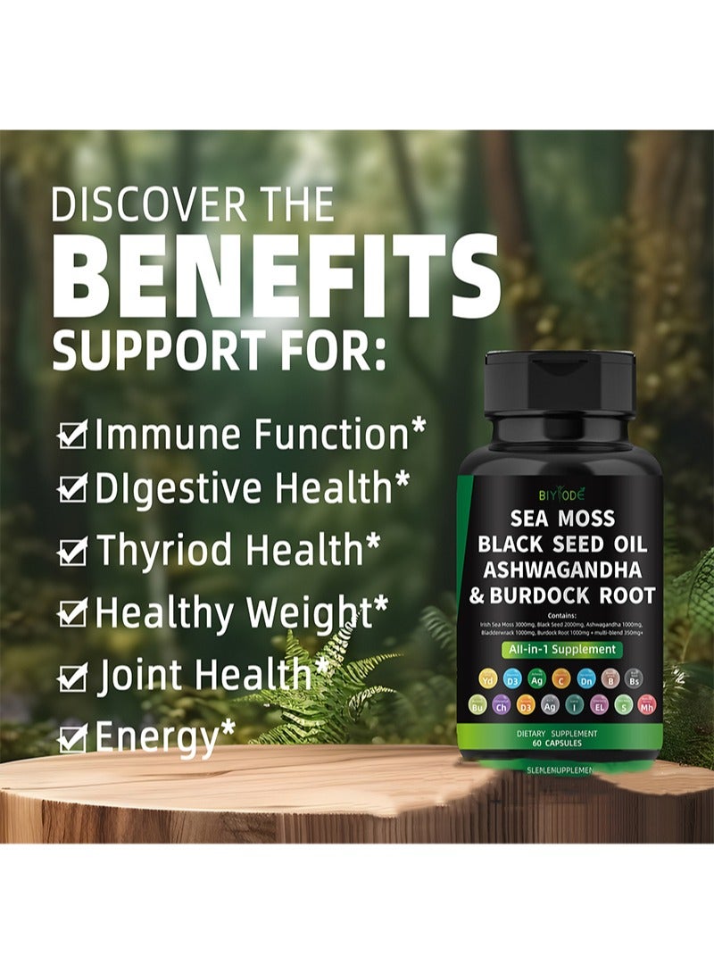 60pcs Sea Moss Capsules，Made with Organic Raw Powder，Plus Bladder wrack & Burdock Root，Sea Vegetable Complex ，Multimineral And Multivitamin Supplements