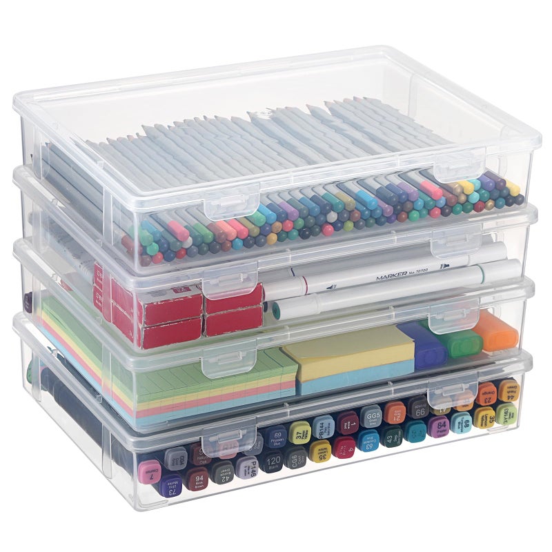 BTSKY Clear Plastic Storage Box with Flap Lid, Multipurpose Craft Organizers and Storage Box Art Supply Storage Organizer Plastic Sewing Box for Beads Pencils Notebooks, 4 Pack Medium - Image 1