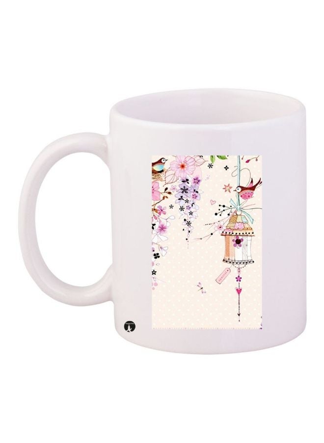 RYN Bird With Flowers Printed Coffee Mug White/Pink/Purple 11ounce