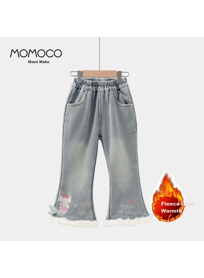 momoco بنطلون جينز سميك مبطن بالفليس للأطفال من موموكو - شتوي للأولاد والبنات 19 - جينز أزرق للبنات 140 - Image 1
