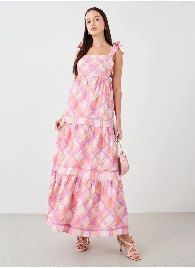 Take Two Take Two Checked Sleeveless A-Line Tiered Maxi Dress