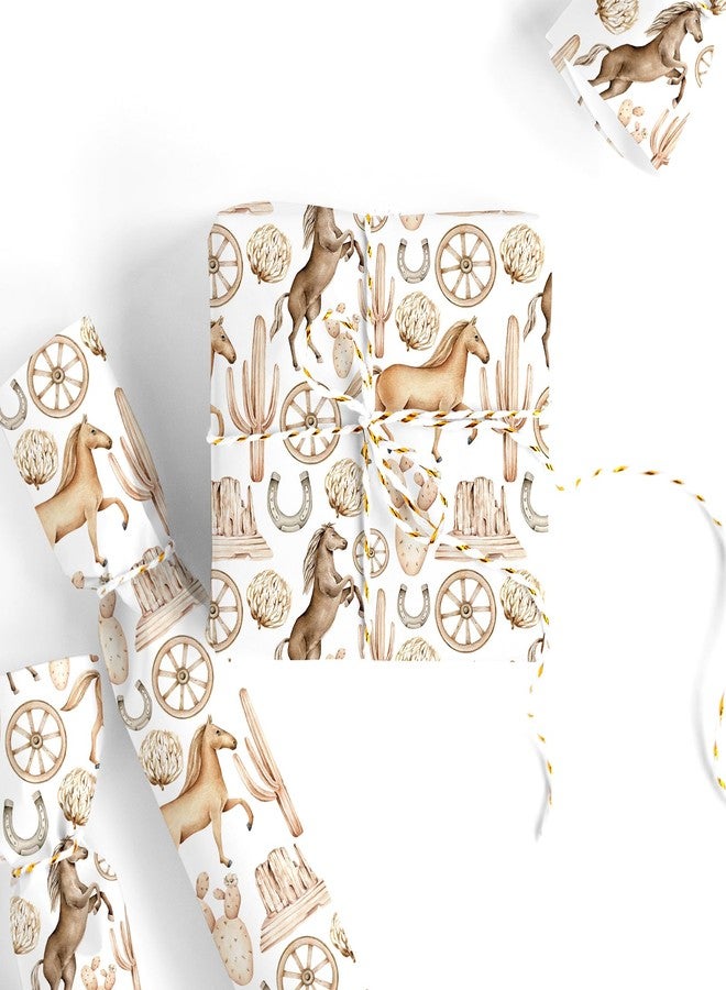 FYSUIMU Western Cowboy Wrapping Paper - Mini Roll - 17 In x 32.8 Ft Watercolor Horse Race Cactus Double-Sided Gift Wrap Paper for DIY Crafts Wild West Rodeo Party Supplies - Image 2
