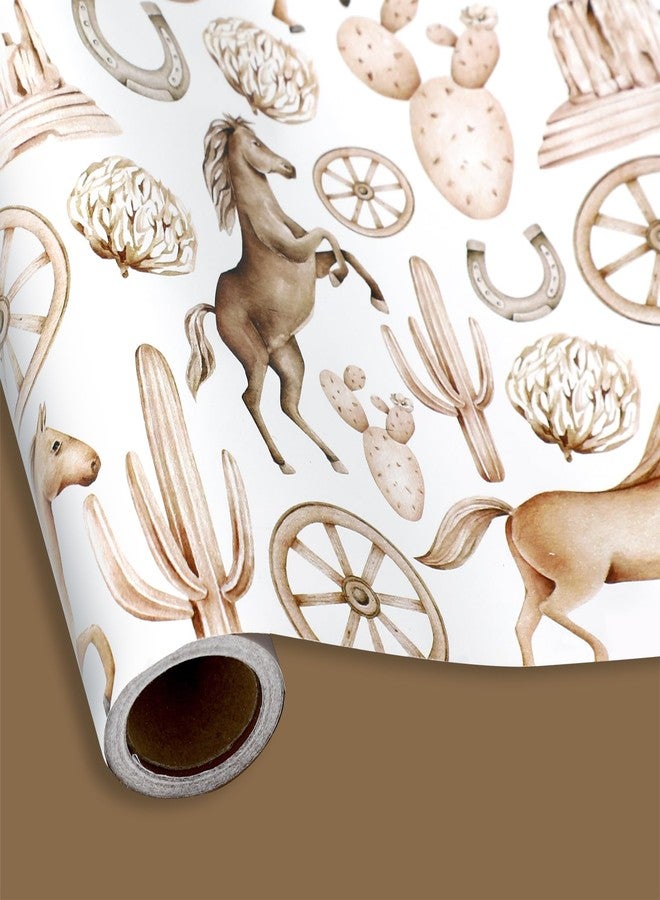 FYSUIMU Western Cowboy Wrapping Paper - Mini Roll - 17 In x 32.8 Ft Watercolor Horse Race Cactus Double-Sided Gift Wrap Paper for DIY Crafts Wild West Rodeo Party Supplies - Image 1