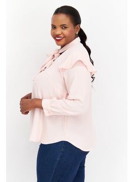 Bar III Women Plus Size Tie  Neck Long Sleeve Plain Top, Pink  - Image 3