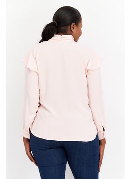 Bar III Women Plus Size Tie  Neck Long Sleeve Plain Top, Pink  - Image 4