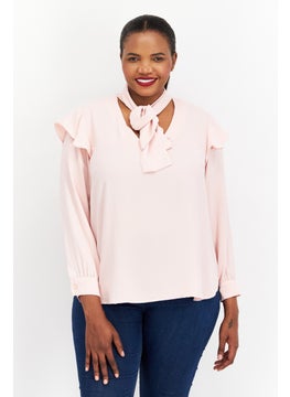 Bar III Women Plus Size Tie  Neck Long Sleeve Plain Top, Pink  - Image 1